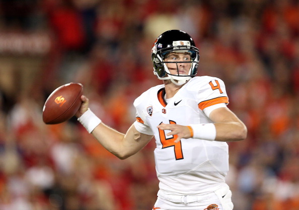 TUCSON, AZ - SEPTEMBER 29:  Quarterback Sean Mannion #4 of the Oregon State Beavers throws a pass during the college football game against the Arizona Wildcats at Arizona Stadium on September 29, 2012 in Tucson, Arizona. The Beavers defeated the Wildcats 38-35.  (Photo by Christian Petersen/Getty Images) 