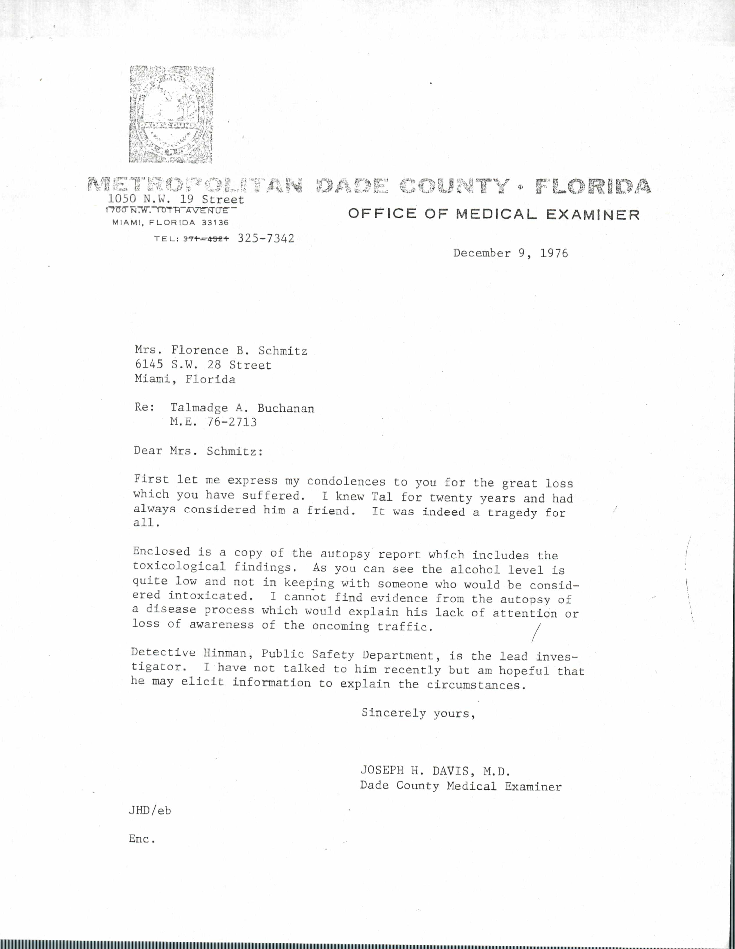 Letter from Dade ME Joe Davis to Buchanan's mother. (Source: Paul Novack)