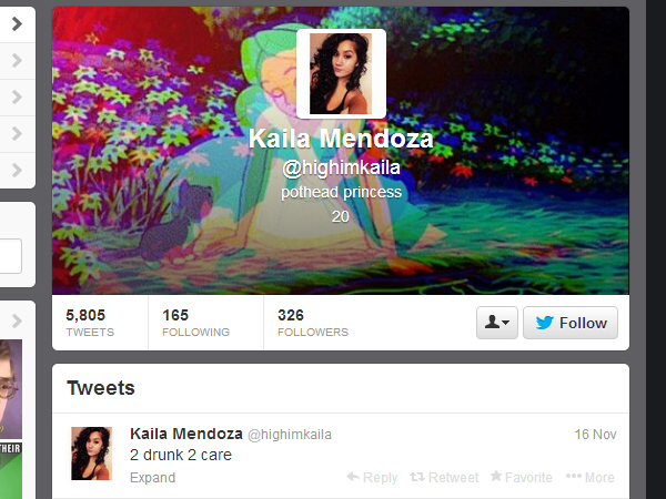 Screenshot of Kaila Mendoza's Twitter account. (Source: Twitter.com)