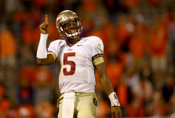 CLEMSON, SC - OCTOBER 19:  Jameis Winston #5 of the Florida State Seminoles celebrates after defeating the Clemson Tigers 51-14 at Memorial Stadium on October 19, 2013 in Clemson, South Carolina.  (Photo by Streeter Lecka/Getty Images)