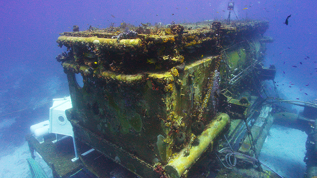 wide shot of the Aquarius.  Roughly the size of a school bus, it’s located in a federally protected waters off Key Largo.  The lab has spent roughly 20 years below the surface and is the only working underwater laboratory in the world. (Source: David Sutta/CBS4)