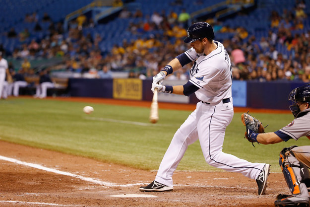 ST PETERSBURG, FL - JUNE 20:  Ben Zobrist #18 of the Tampa Bay Rays hits the ball during the ninth inning against the Houston Astros at Tropicana Field on June 20, 2014 in St Petersburg, Florida.  