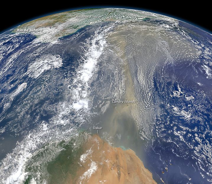 Saharan dust moving toward North and South America.  (Source: http://earthobservatory.nasa.gov/)