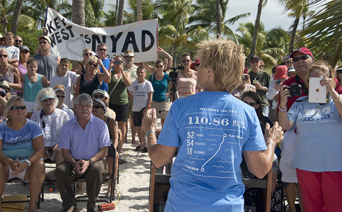 Diana Nyad speaks Monday, Sept. 1, 2014, in Key West, Fla., during a ceremony commemorating her 2013 Cuba-to-Florida Keys swim. Nyad became the first person to ever swim  from Havana to Key West without a shark cage on Sept. 2, 2013, completing the almost 111-mile trip in 52 hours and 54 minutes. (FOR EDITORIAL USE ONLY (Andy Newman/Florida Keys News Bureau,HO)