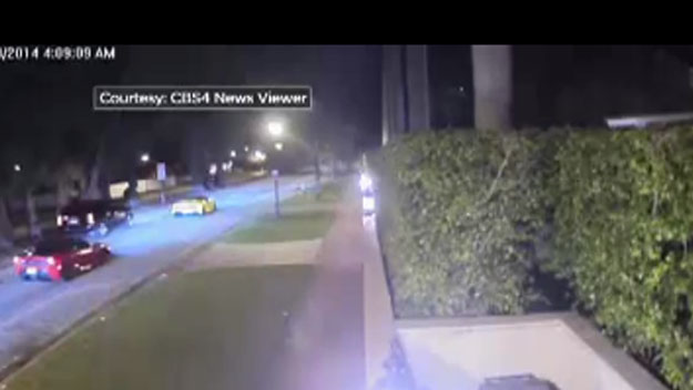 Surveillance image of Justin Bieber, in yellow Lamborghini, speeding down Pine Tree Drive in Miami Beach on Jan. 23, 2014.  (Source: CBS4 Viewer) 