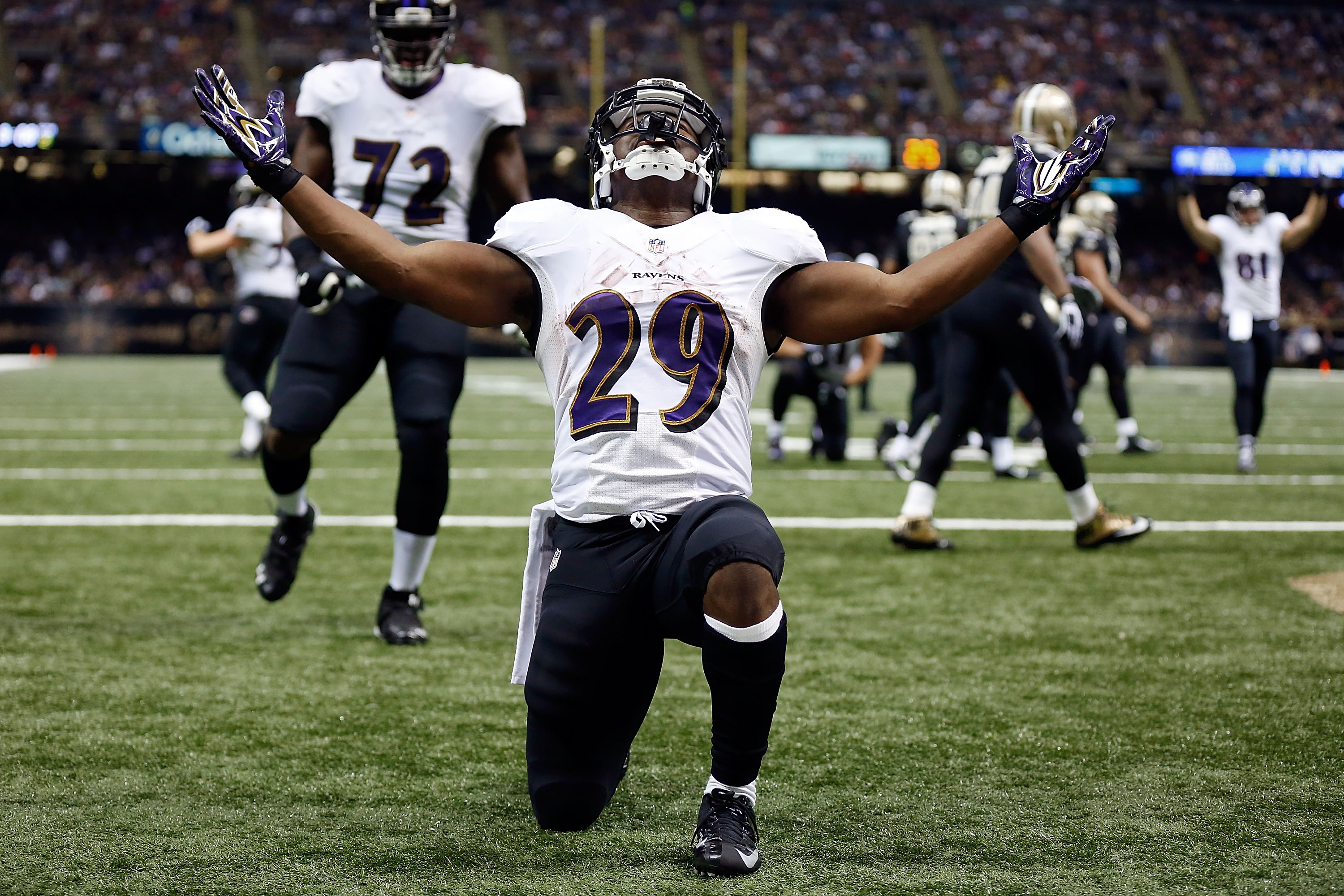 Justin Forsett #29 of the Baltimore Ravens celebrates a touchdown during the second quarter of a game against the New Orleans Saints at the Mercedes-Benz Superdome on November 24, 2014 in New Orleans, Louisiana.  (Source: Wesley Hitt/Getty Images)