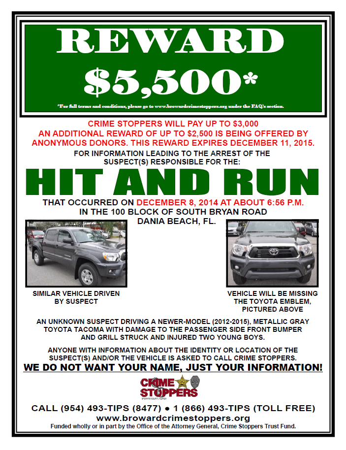 Police looking for the driver responsible for hitting brothers, leaving them both in critical condition. An anonymous donor has added $2,500 extra to the reward. (Source: BSO)
