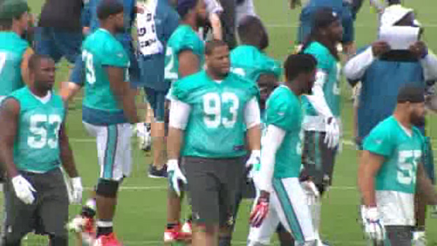 Defensive tackle Ndamukong Suh working with his teammates during the Miami Dolphins first OTA workout of 2015 (Source: CBS4)