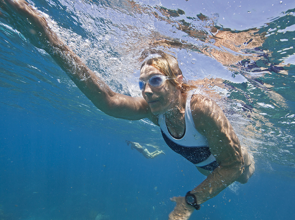 Marathon swimmer Diana Nyad swims during the Underwater Music Festival Saturday, July 11, 2015, in the Florida Keys National Marine Sanctuary off Big Pine Key, Fla. Nyad was one of hundred of participants who listened to a local radio station's four-hour broadcast piped beneath the sea via underwater speakers, featuring music programmed for the subsea listening experience as well as coral reef conservation messages. In September 2013, Nyad became the first person to ever swim from Cuba to the Florida Keys without a shark cage. (Bob Care/Florida Keys News Bureau/HO)