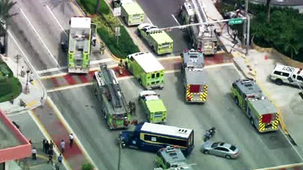 Numerous Fire trucks and rescue trucks could be seen at a Sunny Isles Beach building on October 2, 2015 after a possible explosion. (Source: CBS4) 