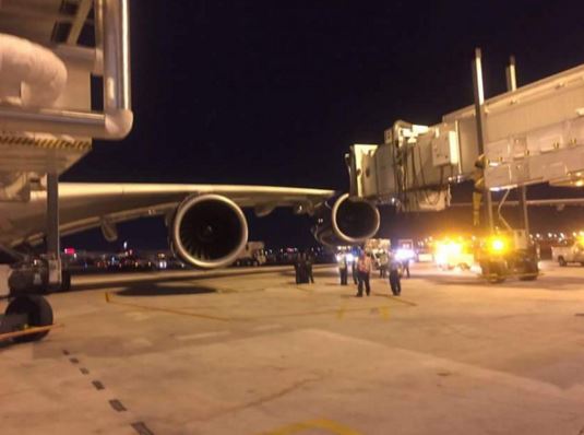 One of the engines from the British Airways jumbo jet smashed into a jet bridge. (Source: MIA Employee)