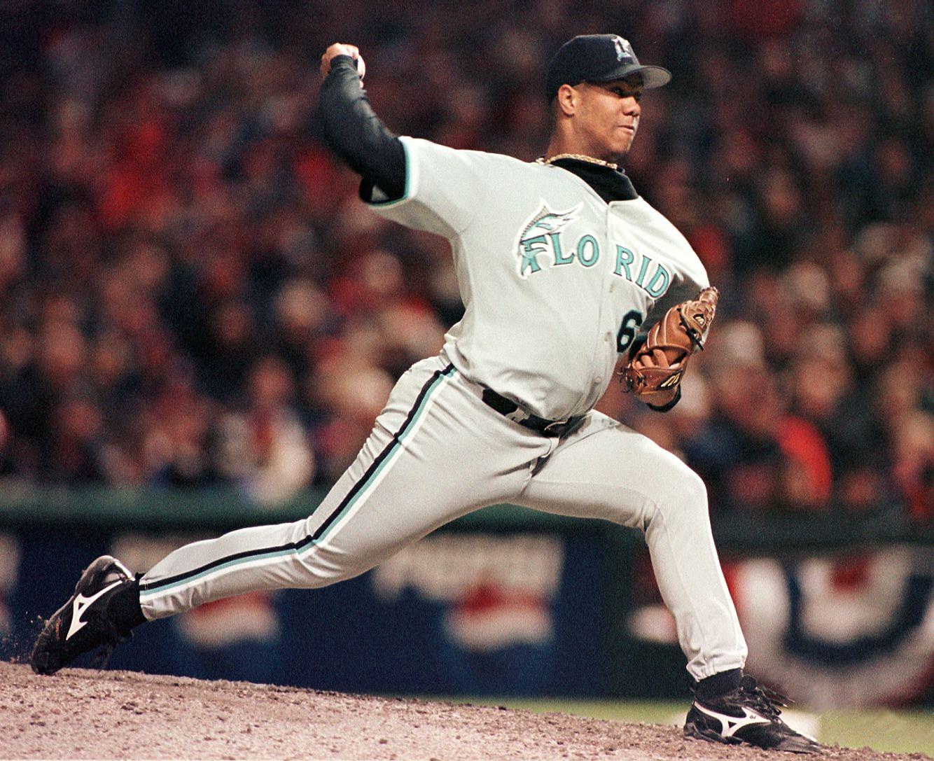 Livan was a perfect 4-0 in the '97 Postseason. He was named MVP of both the NLCS and the World Series, striking out 26 batters in his five playoff appearances. (Source: TIMOTHY A. CLARY/AFP/Getty Images)