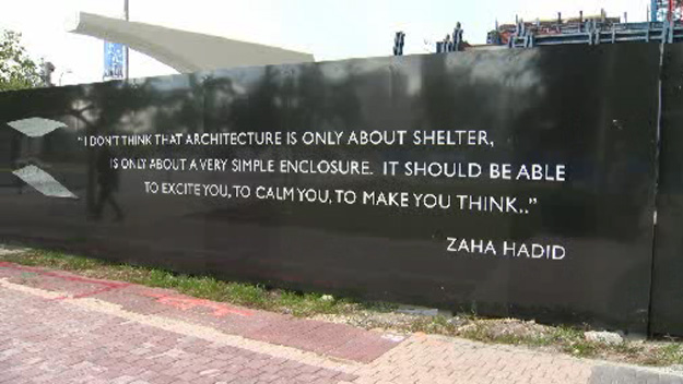 Banner outside of One Thousand Museum under construction in downtown Miami. (Source: CBS4) 
