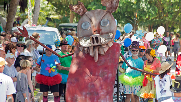 “The Rabbit,” a kinetic sculpture, is rolled into position to begin the Papio Kinetic Sculpture Parade Saturday, May 14, 2016, in Key West, Fla. Staged by the Key West Art & Historical Society, the parade featured a dozen kinetic sculptures and 20 art bikes to honor the late Florida Keys folk artist Stanley Papio. (Carol Tedesco/Florida Keys News Bureau/HO)