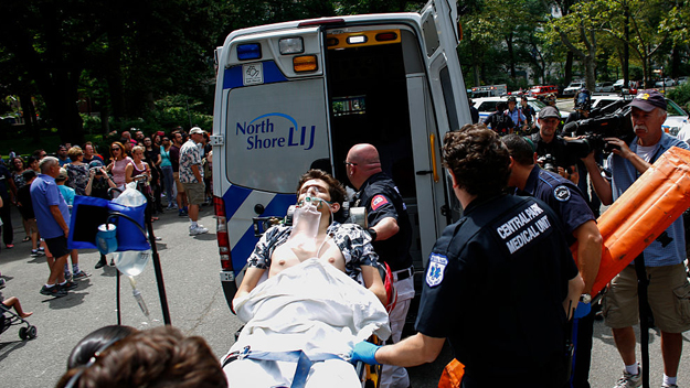 A critically injured man is taken on a stretcher after an explosion was detonated at Central Park in New York on July 3, 2016. (KENA BETANCUR/AFP/Getty Images)
