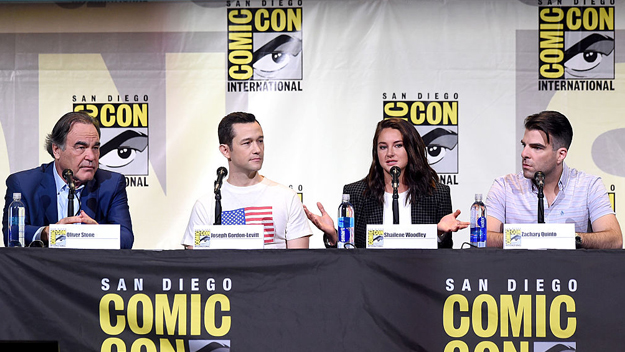 L-R) Writer/director Oliver Stone, actors Joseph Gordon-Levitt, Shailene Woodley, and Zachary Quinto attend the 'Snowden' panel during Comic-Con International 2016 at San Diego Convention Center on July 21, 2016 in San Diego, California. (Photo by Kevin Winter/Getty Images)