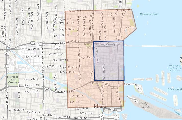 The aerial spraying will only take place in the blue area. (Source: Miami-Dade County Office of Communications)