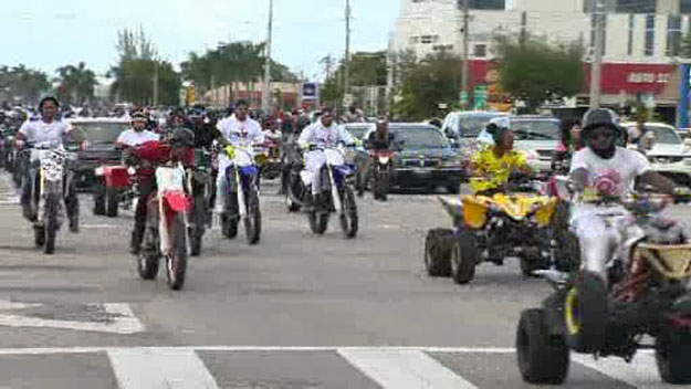 Motorcyclists could be seen speeding through the streets of Miami around 2:3o p.m. They made their way up I-95 through Miami, and west into Opa Locka and down into Liberty City, popping wheelies and blocking traffic. (Source: CBS4)