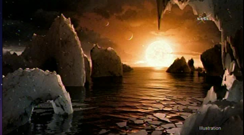 This illustration shows the possible surface of TRAPPIST-1f, one of the newly discovered planets in the TRAPPIST-1 system. Scientists using the Spitzer Space Telescope and ground-based telescopes have discovered that there are seven Earth-size planets in the system. Credits: NASA/JPL-Caltech