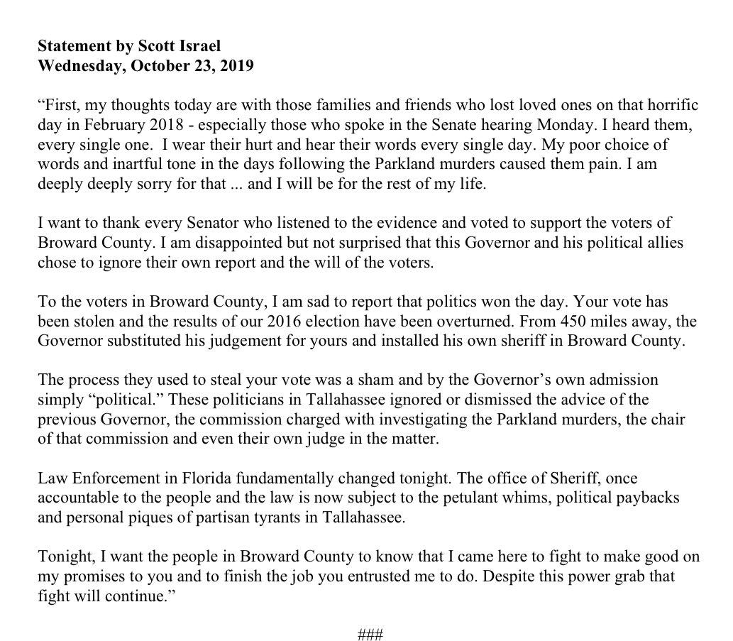 Read Scott Israel's statement.