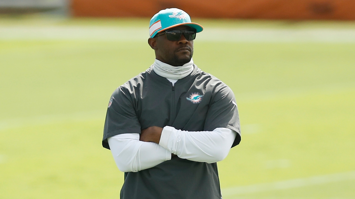 Head coach Brian Flores of the Miami Dolphins looks on during training camp at Baptist Health Training Complex at Nova Southern University on August 24, 2020 in Davie, Florida.